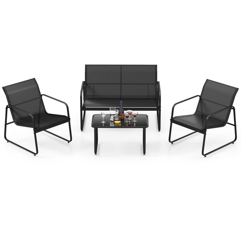 Tangkula 4 PCS Furniture Set Tempered Glass Coffee Table Chair Outdoor Patio Loveseat Black, 1 of 5