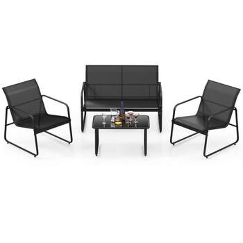 Tangkula 4 PCS Furniture Set Tempered Glass Coffee Table Chair Outdoor Patio Loveseat Black