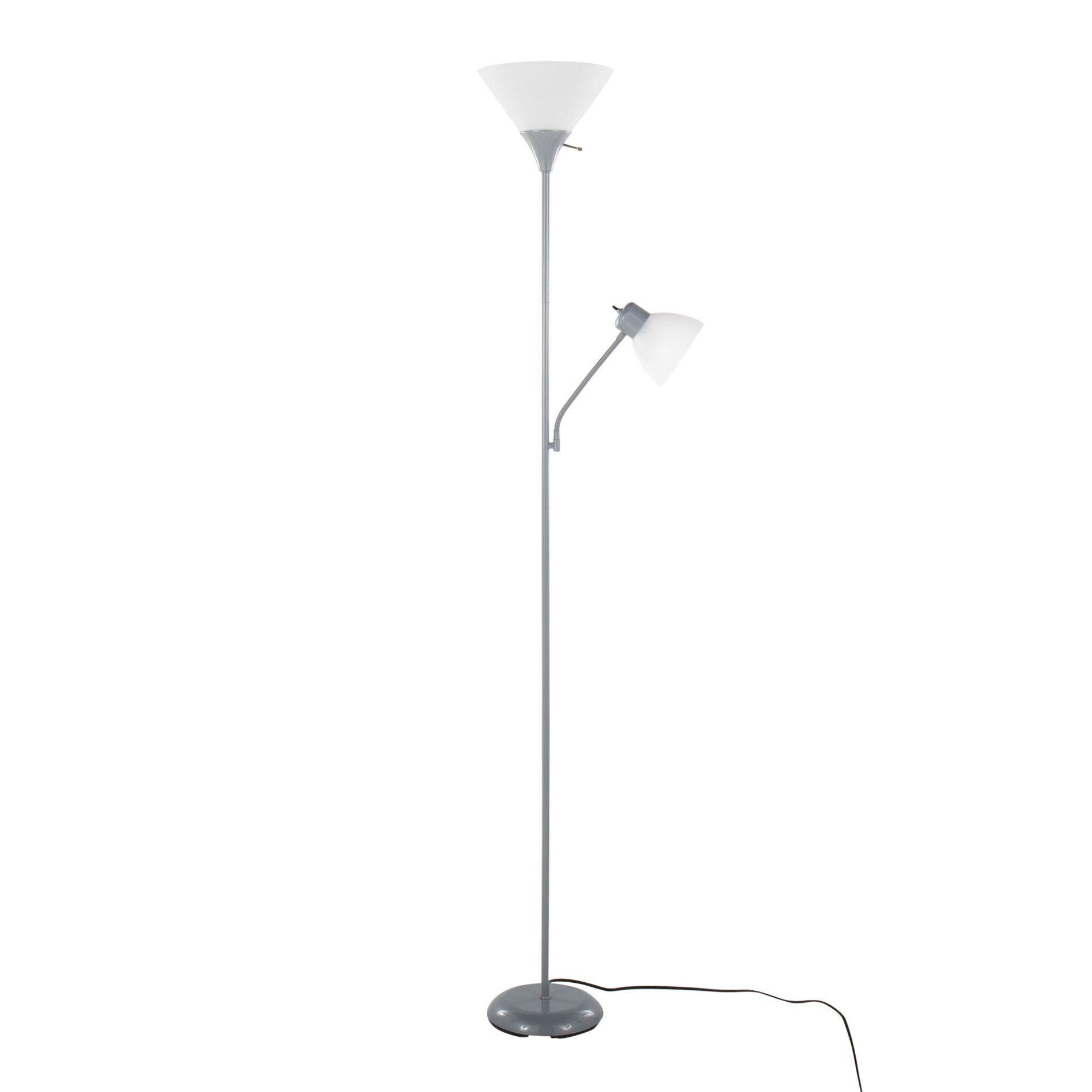 Contemporary Metal Floor Lamp 72in with Silver Finish and Frosted White Plastic Shades Dual-Head Design for Living Room Office
