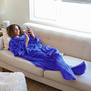 Catalonia Adult Wearable Fleece Blanket Snuggie with Foot Pockets, Super Soft Micro Plush Wrap Blanket Long Robe Loungewear, Cozy Gift for Woman Man - 1 of 4