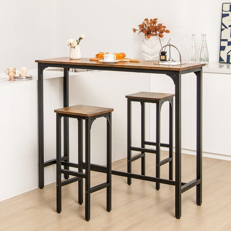 Tangkula 3PCS Bar Table & Chairs Set Industrial Dining Breakfast Table Set w/ Metal Frame, 2 of 11