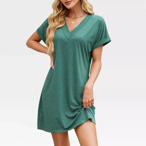 Womens V Neck T Shirt Dress Summer Shift Dress Basic Comfy A Line Lounge Dress V Neck Solid Pajama Dress Short Sleeve Nightgowns - 1 of 4