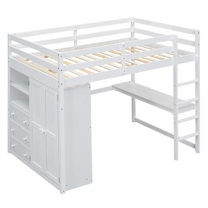 YOOCOZZ Full Size Loft Bed with Built-in Desk, Wardrobe, 2-Tier Shelf and 3 Drawers - 1 of 4