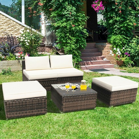 Costway 5PCS Patio Rattan Wicker Furniture Set Armless Sofa Ottoman  Cushioned Garden