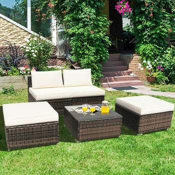 Costway 5PCS Patio Rattan Wicker Furniture Set Armless Sofa Ottoman Cushioned Garden
