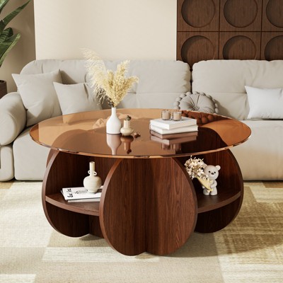 Dolonm 2-Tier Round Coffee table with Glass Top,31.5" Round Coffee Tables for Small Spaces,Wooden Frame with storage  for Living Room