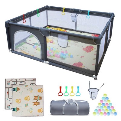 Image of Playpen Play Yard For Babies Toddlers, Removable Safety Fence With Basketball Hoop, Carrying Travel Bag, Foldable Playmat