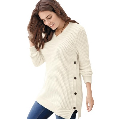 Woman Within Plus Size Side Button V-Neck Waffle Knit Sweater