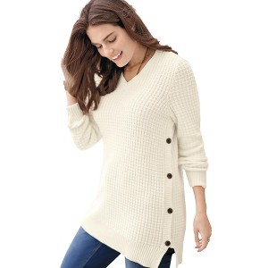 Woman Within Plus Size Side Button V-Neck Waffle Knit Sweater - 1 of 4