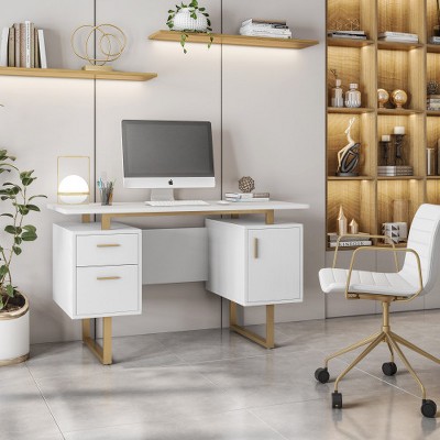 Anybear White and Gold Desk for Office with Drawers and Storage