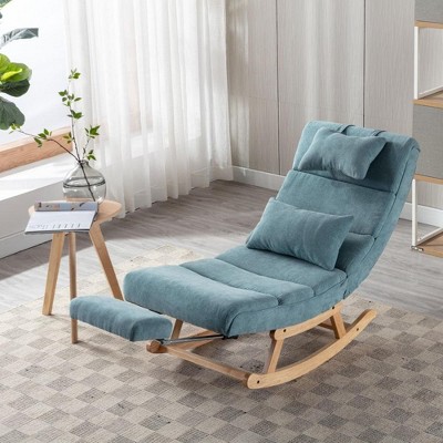 Solid Wood Ergonomic Blue Rocking Chair, Pu Accent Chair With ...