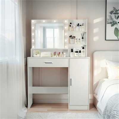 SKRAN Vanity Desk with Mirror and Lights, Makeup Vanity with Drawer & Storage Cabinet, Adjustable 3 Lighting Modes for Bedroom, Dressing Room(White )