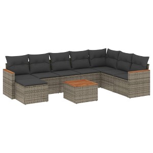 vidaXL 9 Piece Patio Sofa Set with Cushions Gray Poly Rattan - With Table - 1 of 4