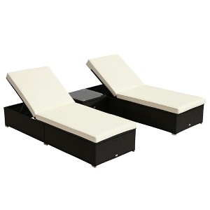 Chaise Lounge Chair Set of 2 with 5 Angle Backrest, Outdoor Coffee Table, Water Repellent Cushions, PE Rattan Wicker Poolside Chairs - 1 of 4