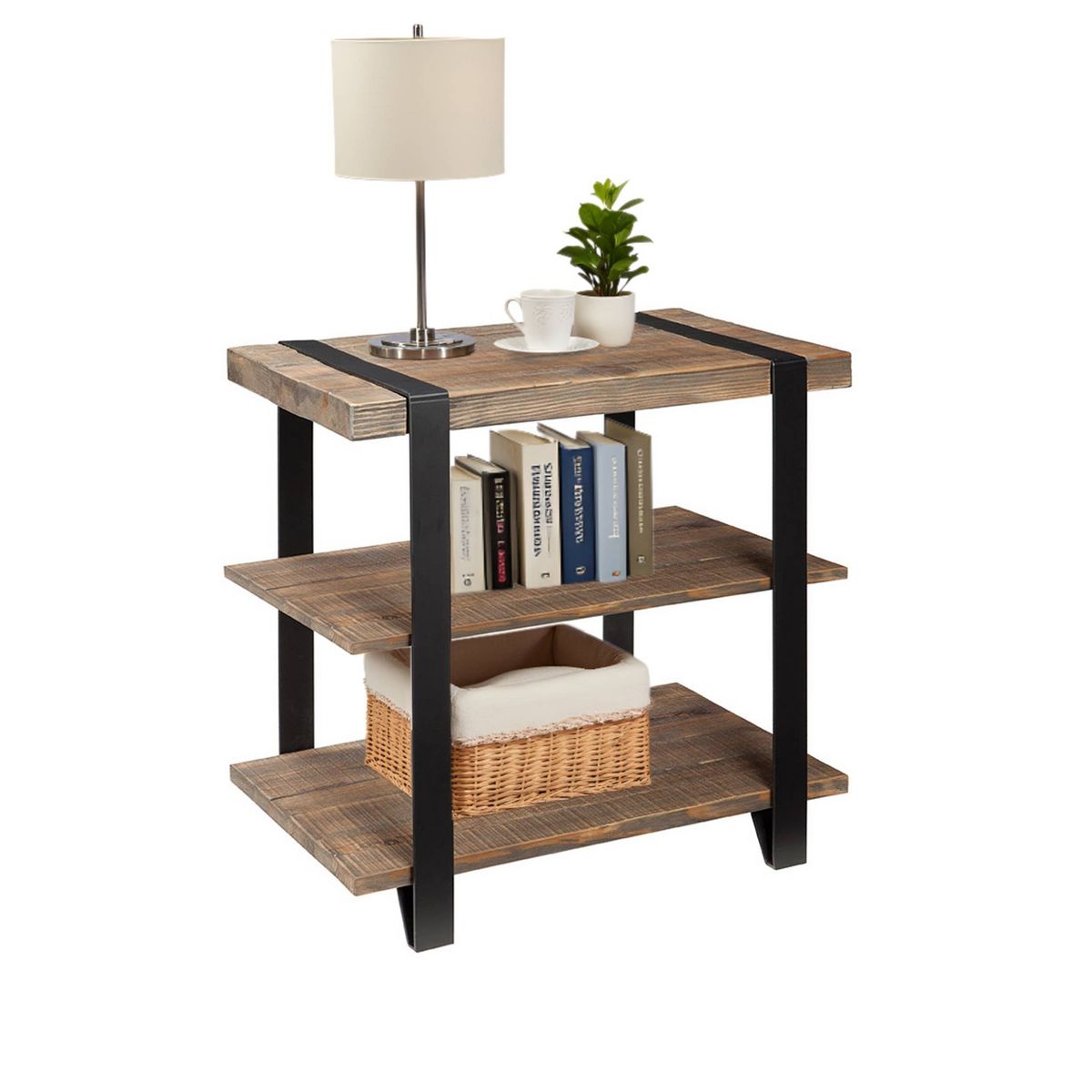 27" Modesto Wide 2 Shelf End Table with Metal Strap, Wood - Alaterre Furniture: Rustic Industrial Design, Black Frame