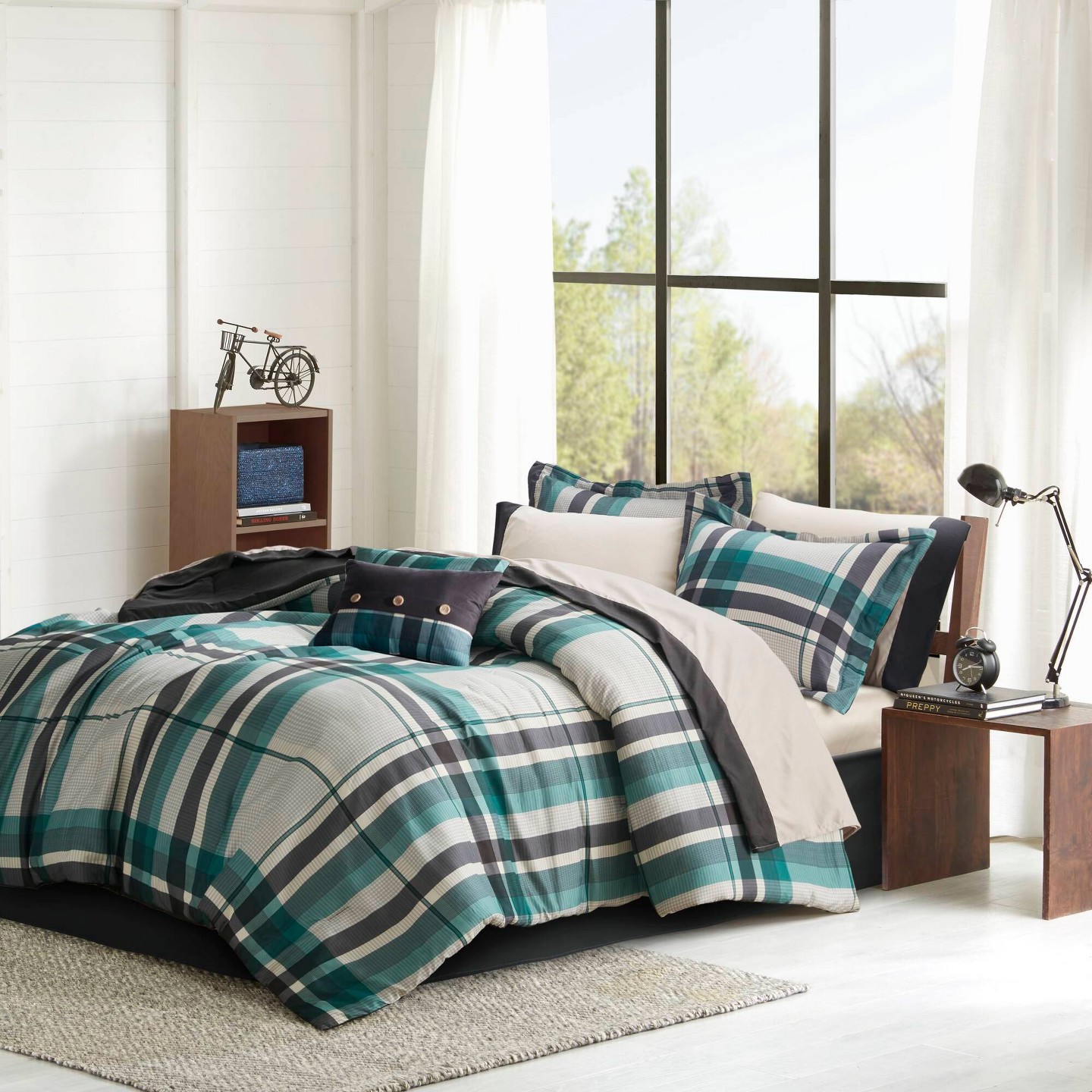 Комплект с одеялом Intelligent Design Queen Rick Plaid Microfiber Soft Comforter Set with Bed Sheet Teal Blue: Hypoallergenic, Oeko-Tex Certified, 9pc, цвет: Бирюзовый — фото 2
