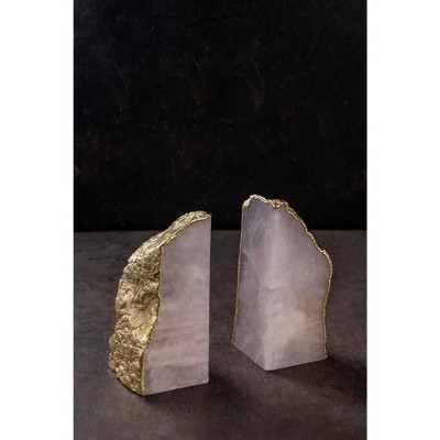 Elegant Rose Quartz and Gold Gilded Bookends, Set of 2