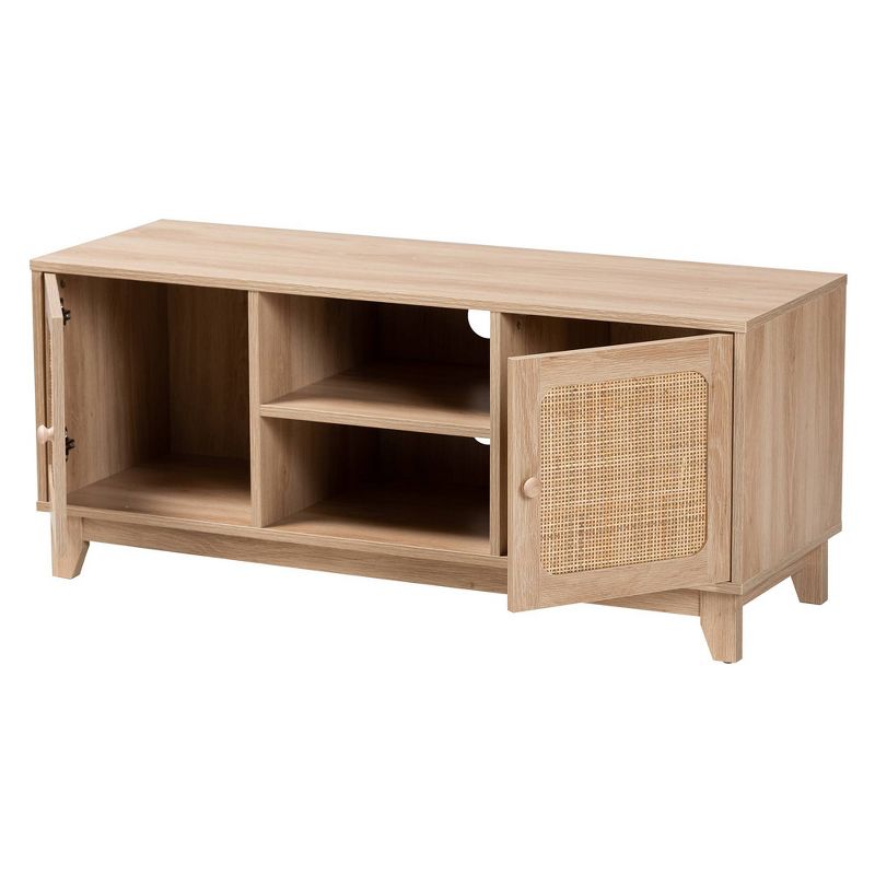 Elsbeth Wood and Natural Rattan 2 Door TV Stand for TVs up to 40&#34; Light Brown/Natural Brown - Baxton Studio, 4 of 11