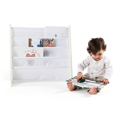 White 4-Tier Kids Book Rack with Fabric Pockets