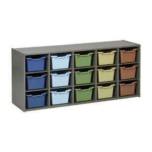 ECR4Kids Streamline 15 Cubby Tray Cabinet with 15 Scoop Front Storage Bins, 3x5, Grey Wash - 1 of 4