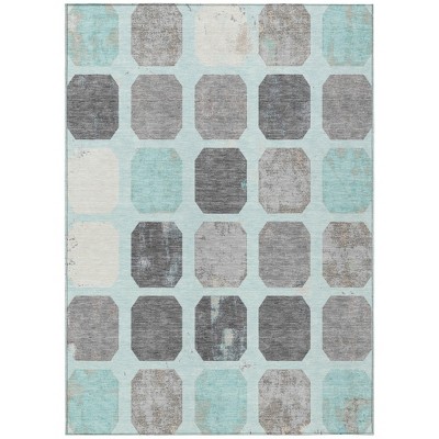 Teal Blue Gray And Ivory Geometric Washable Indoor Outdoor Area Rug