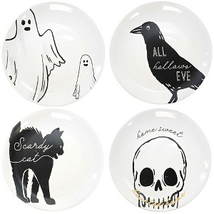Transpac 8.0 Inch Halloween Line Art Plates St/4 Black Cat Ghost Crow Skull Dessert Plates - 1 of 4