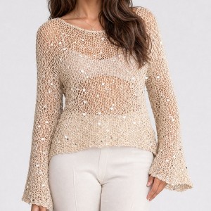 Anna-Kaci Women's Sequin Open Knit Long Sleeve Sheer Pullover Top