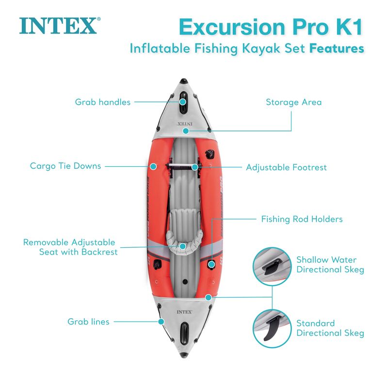Intex 68303EP Excursion Pro K1 Single Person Inflatable Vinyl Fishing Kayak Set with Aluminum Oar and High Output Pump - Red, 4 of 7