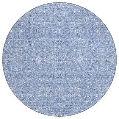 Sky Blue And Ivory Floral Washable Indoor Outdoor Area Rug