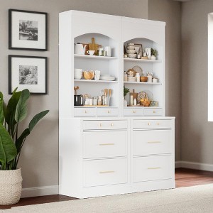 Modern 83.7" Tall Kitchen Pantry Cabinet with Faux Marble Top, Freestanding Hutch Cupboard with 5 Drawers and Adjustable Shelf, Set of 2 - 1 of 4