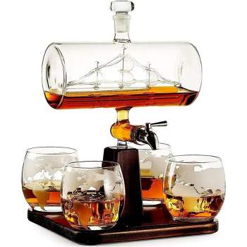 The Wine Savant Ship Design Wine & Whiskey Decanter Set Includes 4 Globe Drinking Glasses laid on a Mahogany wooden platter, Home Bar Decor - 1000 ml