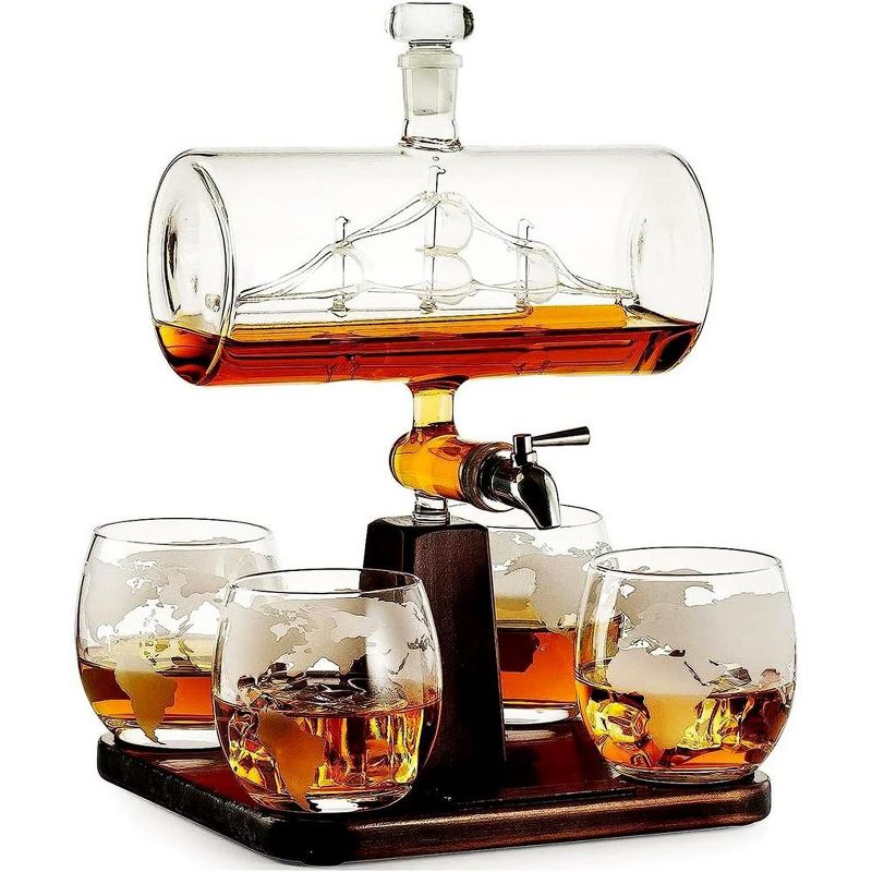 The Wine Savant Ship Design Wine & Whiskey Decanter Set Includes 4 Globe Drinking Glasses laid on a Mahogany wooden platter, Home Bar Decor - 1000 ml, 1 of 5