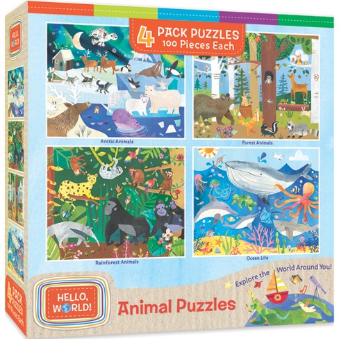 Masterpieces Puzzle Set - 4-pack 100 Piece Jigsaw Puzzle For Kids - Hello  World Animals 4-pack - 8