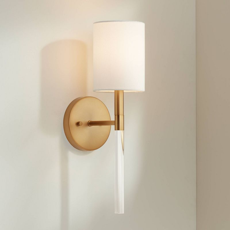 Possini Euro Design Modern Wall Light Sconce Warm Brass Hardwired 5" Fixture Clear Acrylic White Fabric Shade for Bedroom Bathroom, 2 of 8