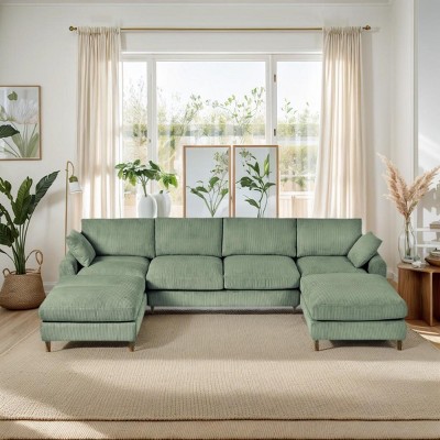 INFURNIC Sofas Modern Corduroy Modular Sectional Sofa U Shaped L Shaped Convertible with Pillows for Living Room, Green, 121.26"*31.69"*32.68"