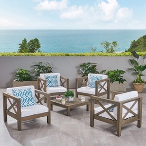 Christopher Knight Home Brava Outdoor Acacia Wood 4 Seater Club Chair Chat Set with Cushions - 1 of 4