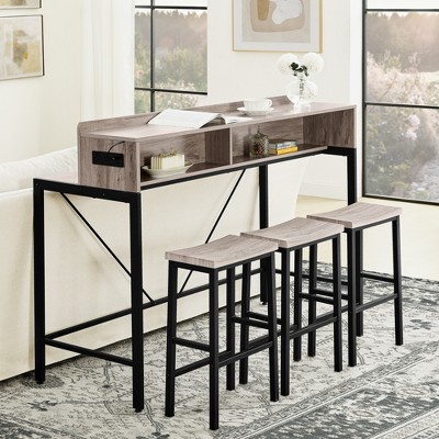 Oversart 59 inch bar table, dining table, sofa table with power socket and LED light, 3 saddle stools, 4-piece bar table and chairs set