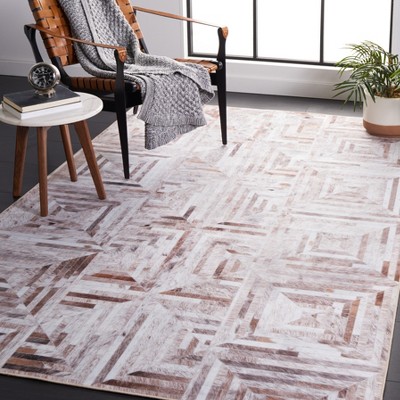 Beige and Brown Faux Fur Geometric 6' x 9' Area Rug