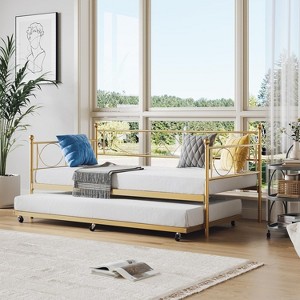 Twin Daybed with Trundle, Metal Day Bed, Sofa Bed Frame with Arched Headboard, Steel Slat Support, Sofa Day Bed for Living Room, Bedroom, Guest room - 1 of 4