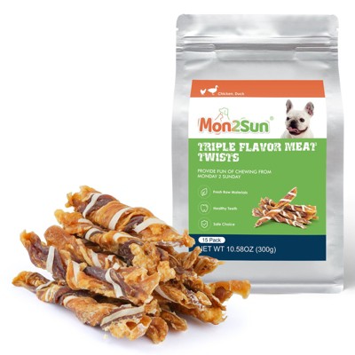 MON2SUN Dog Treats, Triple Flavor Jerky Twist Sticks, 5-7 Inch Chicken Duck and Codfish Sticks Chews for Small Dogs