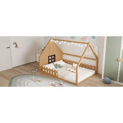 APRILSOUL Full Size Wood House Bed with Window and Fence, Gray