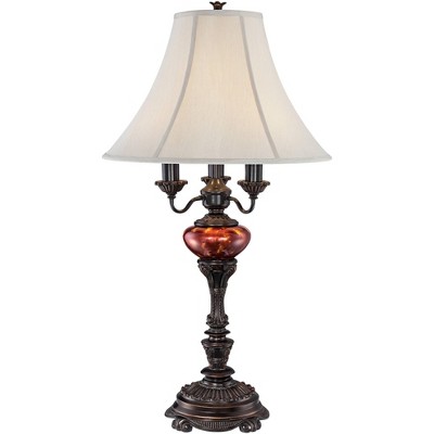 Barnes and Ivy Traditional Table Lamp English Bronze Tortoise Shell Glass Off White Bell Shade for Living Room Family Bedroom