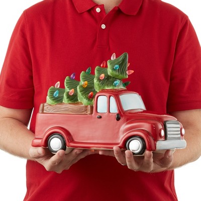 Hand-Painted Red Ceramic Christmas Truck with Green Tree and LED Lights