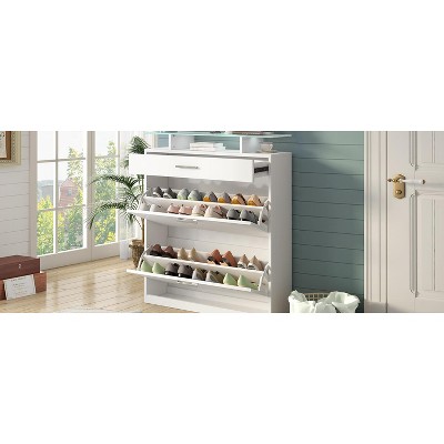 VYNXARIA Slim Entryway Organizer - White Shoe Storage Cabinet 2 Flip Drawers