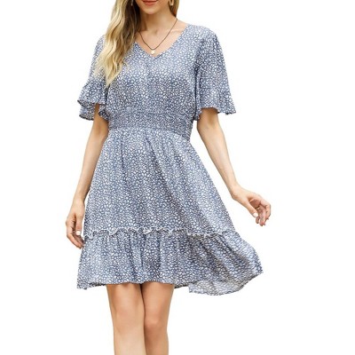 Whizmax Women's Summer Floral Short Sleeve V Neck A-Line Midi Dress Blue XL
