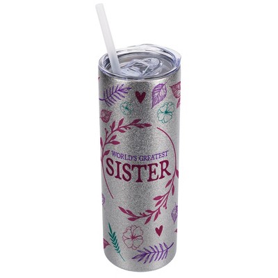 Elanze Designs Floral Silvertone Sparkle 20 Ounce Double Wall Stainless Steel Glitter Travel Tumbler With Sliding Lid And Straw, World's Greatest