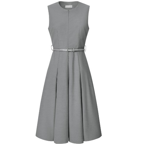 Hobemty Women s Round Neck Sleeveless Zip Front Belted Fit Flare Work Dresses Gray Medium Target