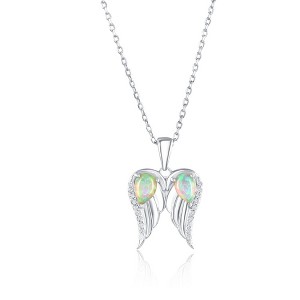 Opalata Sterling Silver, Pearshaped Opal, CZ Angel Wings Necklace - Silver - 16+2 Inch - 1 of 2