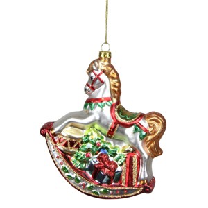 Northlight 5" White and Red Rocking Horse with Gifts Glass Christmas Ornament - 1 of 4