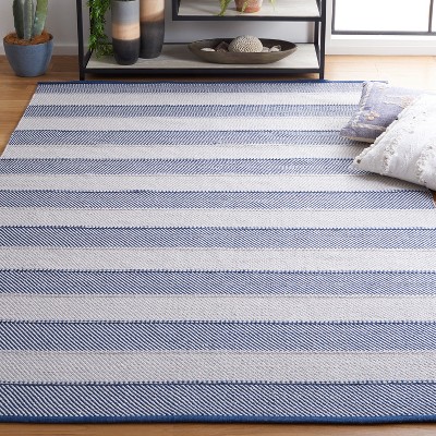 Gray and Blue Striped Flat Weave Wool Cotton Area Rug